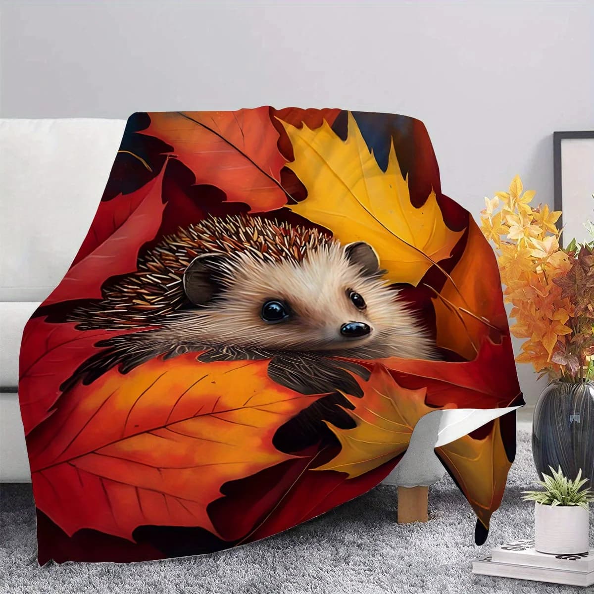 Coperta autunno riccio - Design riccio con foglie d'acero, morbida flanella con stampa digitale, comfort per tutte le stagioni per i viaggi a casa
