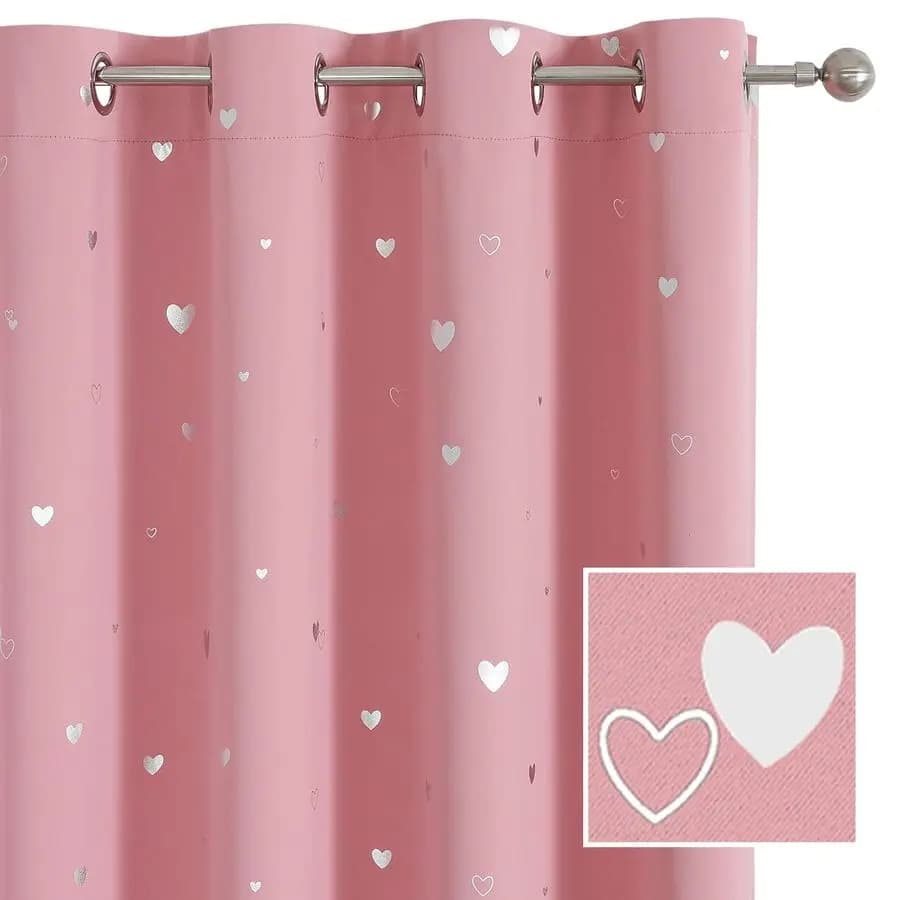 Tende Rosa per Camerette di Bambine con Stampa Argento, Drappeggi Morbidi e Spessi Termoisolanti con Occhielli Neri