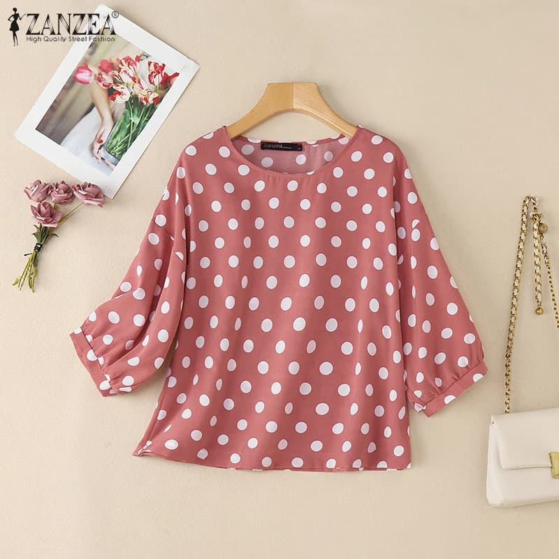 ZANZEA Camicette casual da donna con pois, girocollo estivo, maniche a sbuffo 3/4, pullover leggeri, top larghi da indossare durante il giorno, Blusas de Mujer