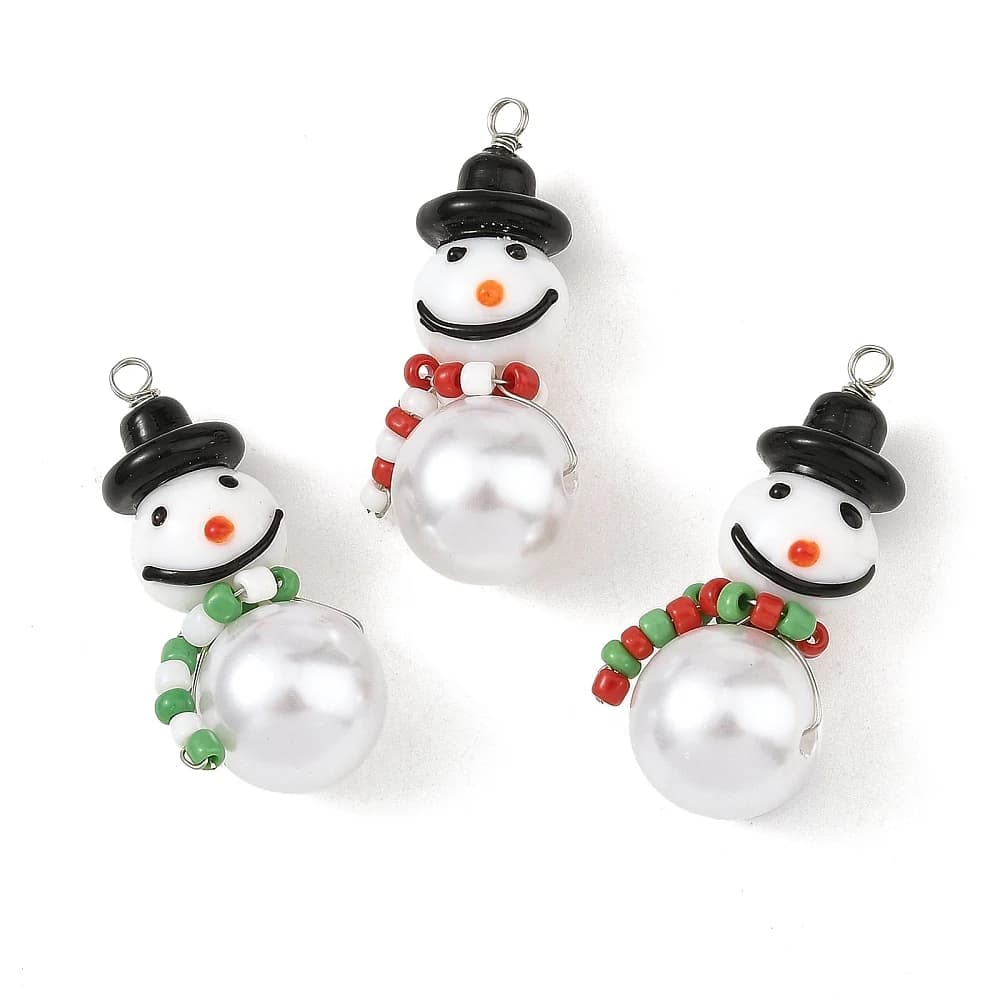 20pcs Snowman Lampwork Glass Charms w/ Imitation Pearl Bead Pendants for DIY Jewelry Making Earrings Necklace Xmas Holiday Decor