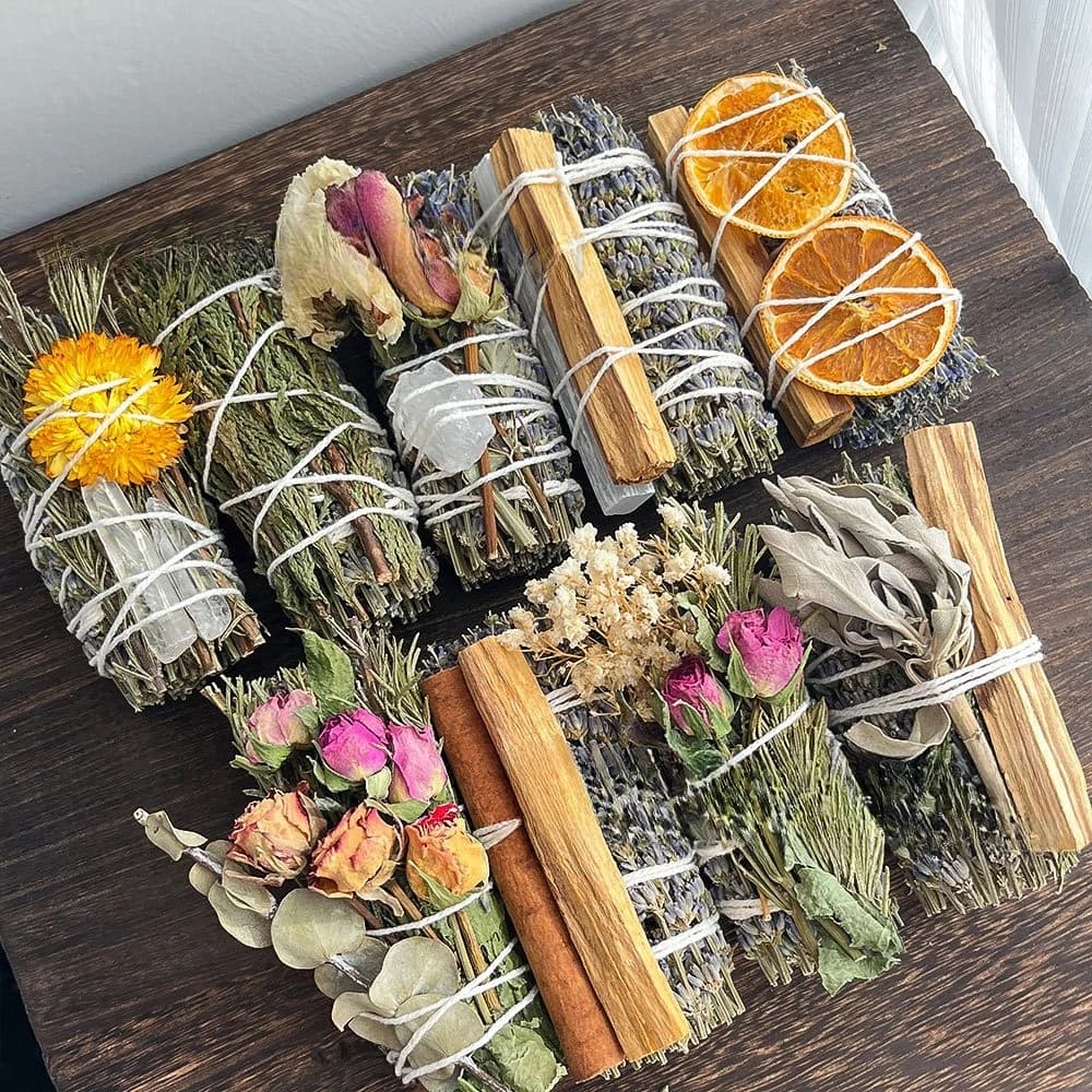Bundled Sage, Natural Palo Santo Plants, Aromatic Rose Santo, and Orange Slices for Handmade Grass Sticks