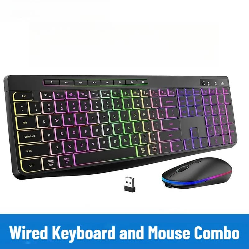 Combo Tastiera e Mouse Cablati con Retroilluminazione RGB, Tastiera Ergonomica a Membrana e Mouse