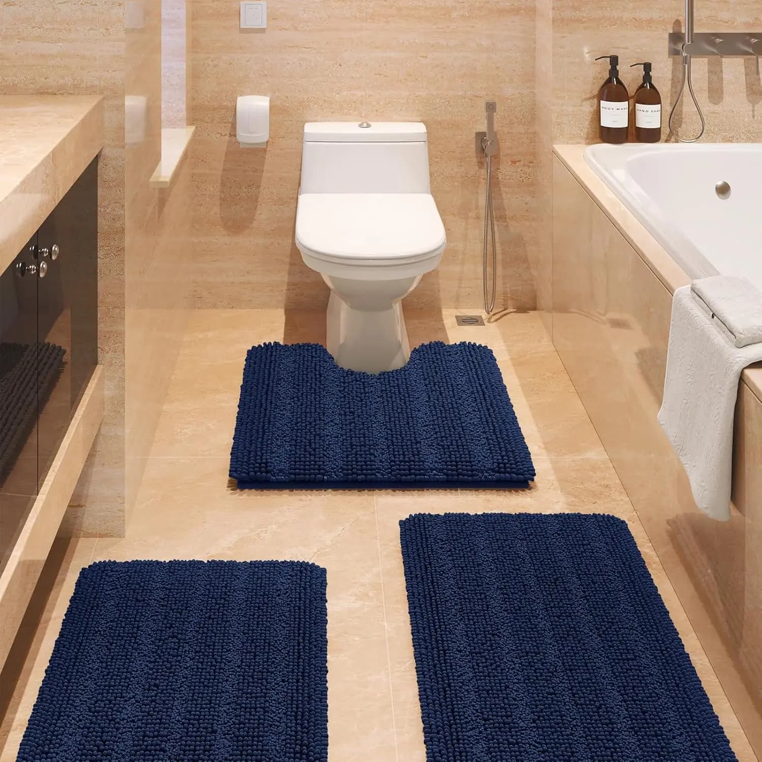 Set di 3 Tappeti da Bagno a Righe Blu Navy, Ultra Morbidi, Antiscivolo in Ciniglia, Tappetini Assorbenti e Soffici
