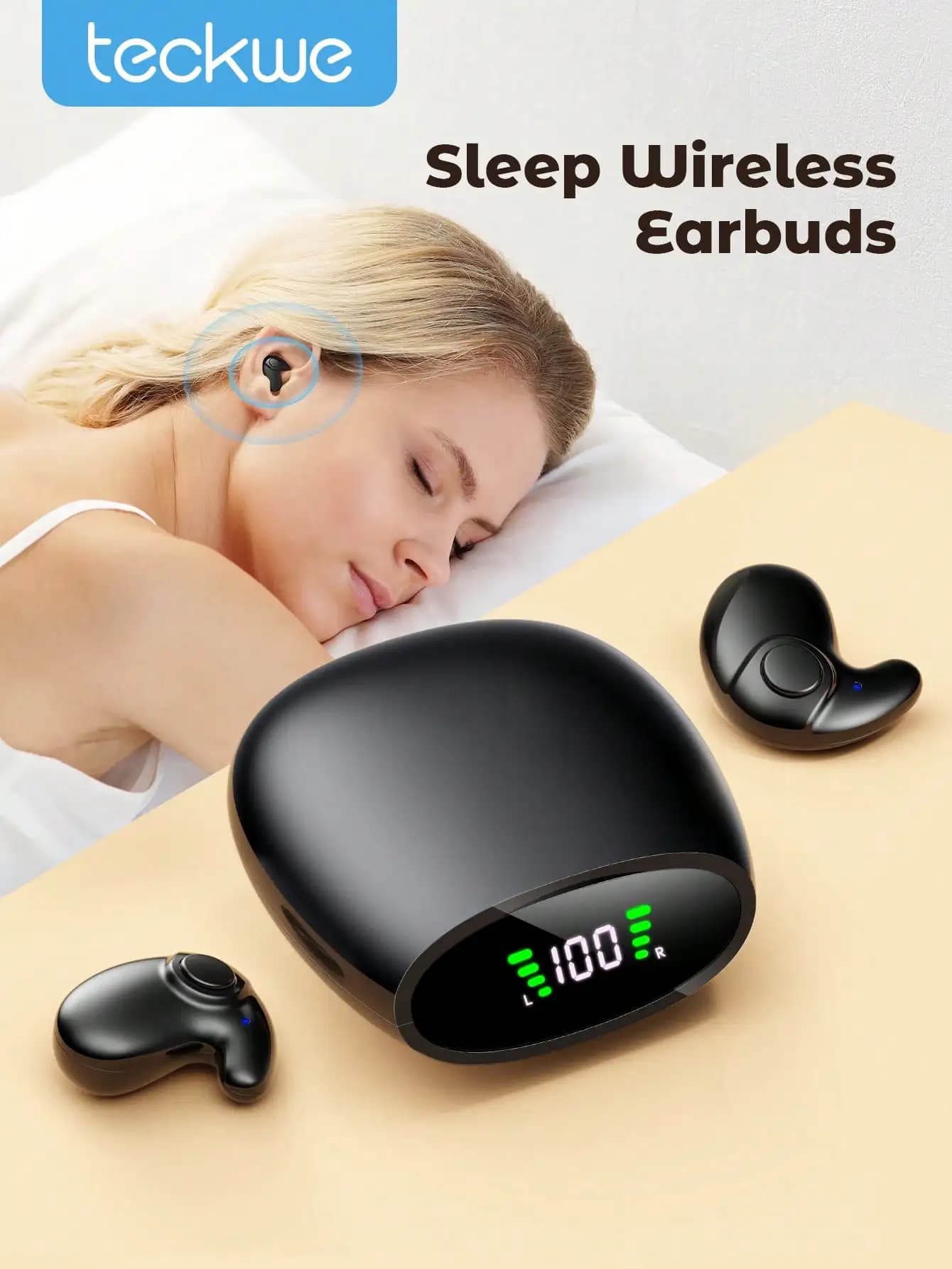 Auricolari Teckwe Sleep ultra-sottili wireless 5.3 per chi dorme, cuffie per dormire con blocco del rumore e lunga durata, design ergonomico mini, regalo di San Valentino