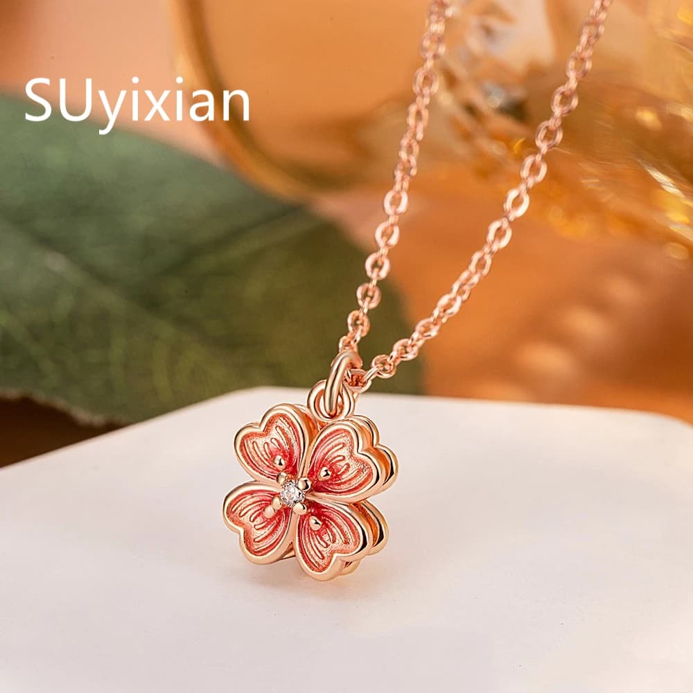 925 Sterling Silver Fashion Light Luxury Rose Gold Love Flower Earrings Ring Necklace Set, Birthday Anniversary Gift