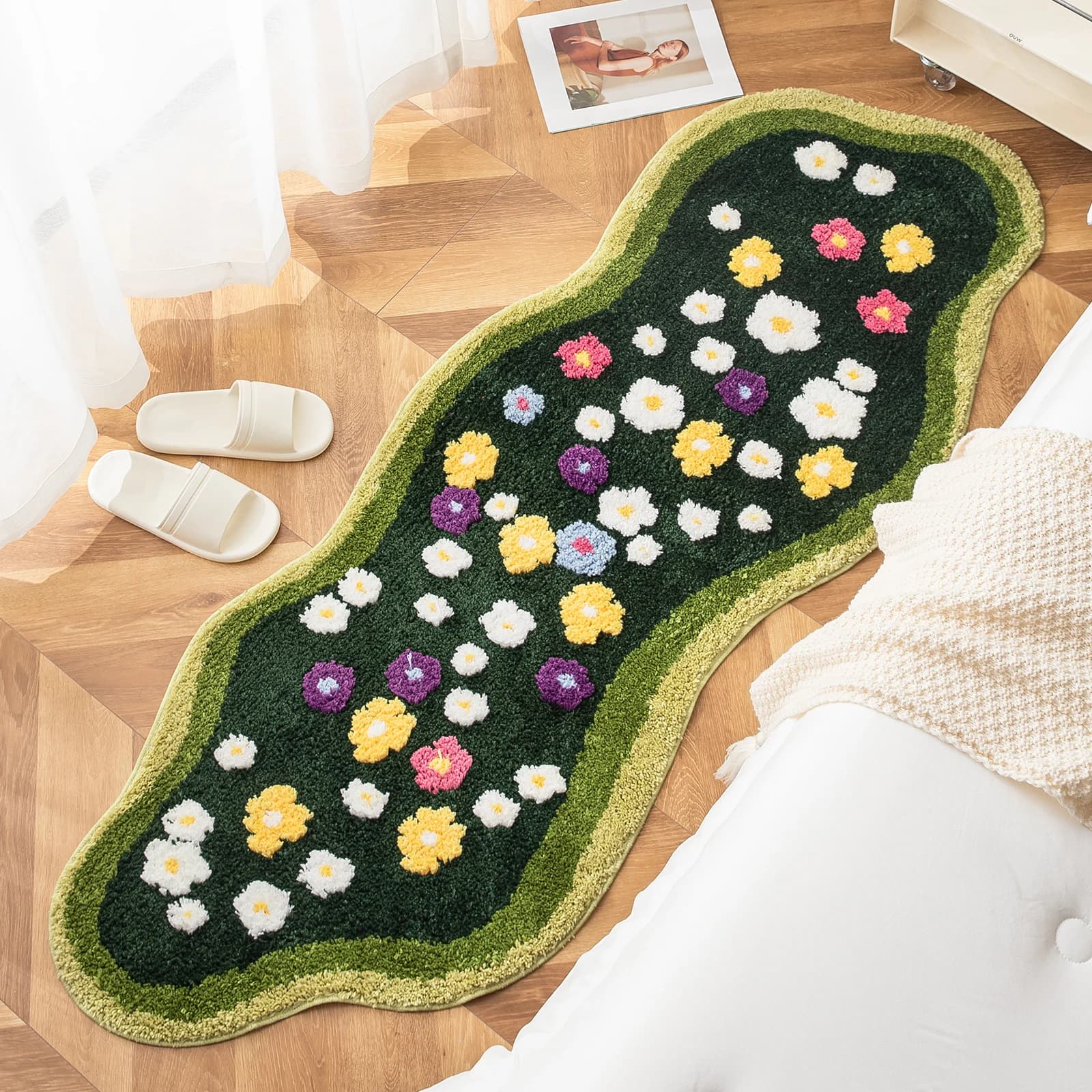 Tappeto da bagno irregolare 60x120 cm con motivo floreale, morbido e soffice, per ingresso, zerbino, tappetino per camera da letto, decorazione estetica per la casa