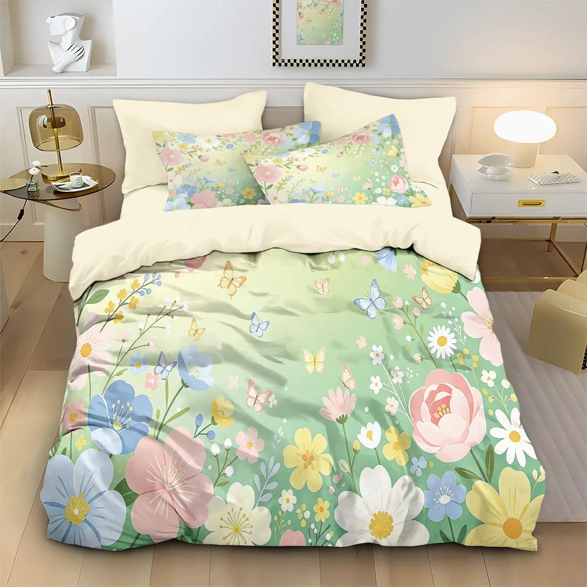 Set Copripiumino Senza Anima da 3 Pezzi con Stampa Floreale Primaverile, Decorazione per Letto Multimisura, Lavabile in Lavatrice