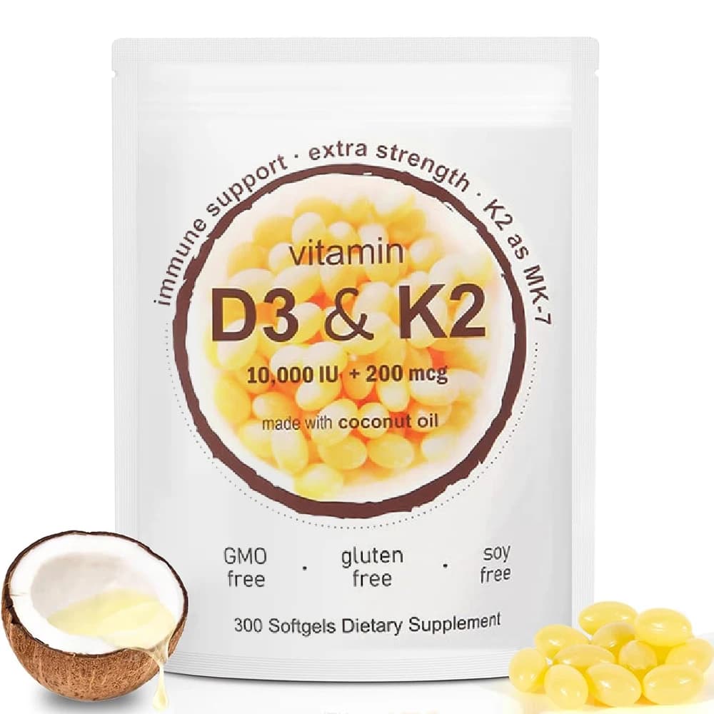 Vitamin D3 10,000 IU + K2 MK-7 200 mcg, 180/300 Softgels with Virgin Coconut Oil | 2-in-1 Vitamins D & K Complex, Extra Strength