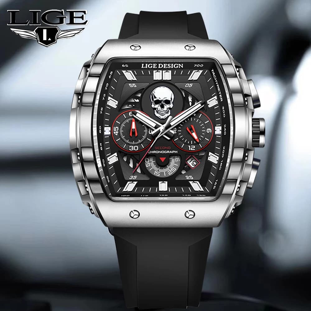 LIGE Watch Skull Style Men Watch Silicone orologi al quarzo luminosi militare Wateproof Auto Date cronografo scheletro reloj hombre