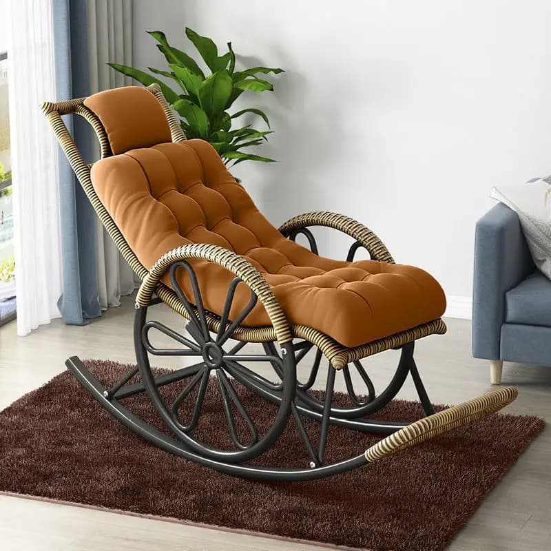 Sedia a dondolo da esterno in rattan PE con cuscino e tappetino Poltrona ergonomica reclinabile in vimini per patio, balcone, soggiorno