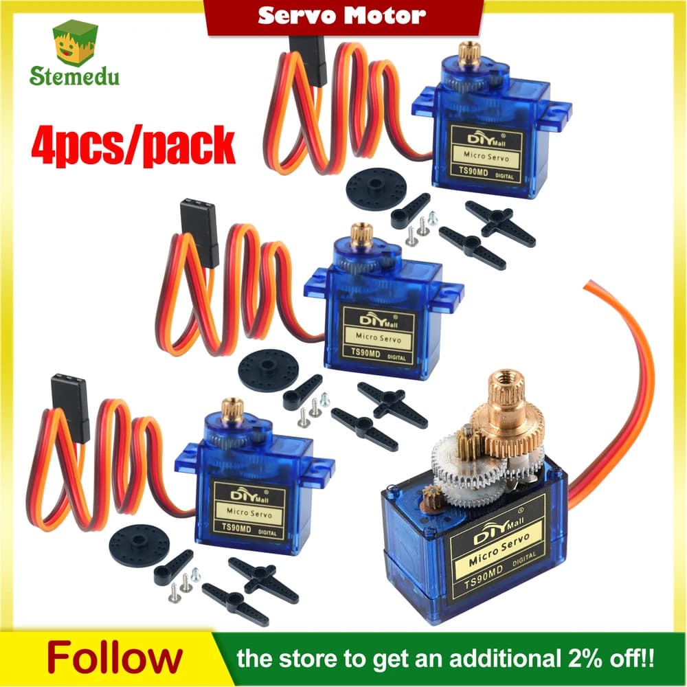 4 pz/pacco TS90MD 9g Micro Servo Motore con Ingranaggi in Metallo, Sterzo Digitale 180/270/360 Gradi, Mini Servo per Arduino, Aerei RC e Auto