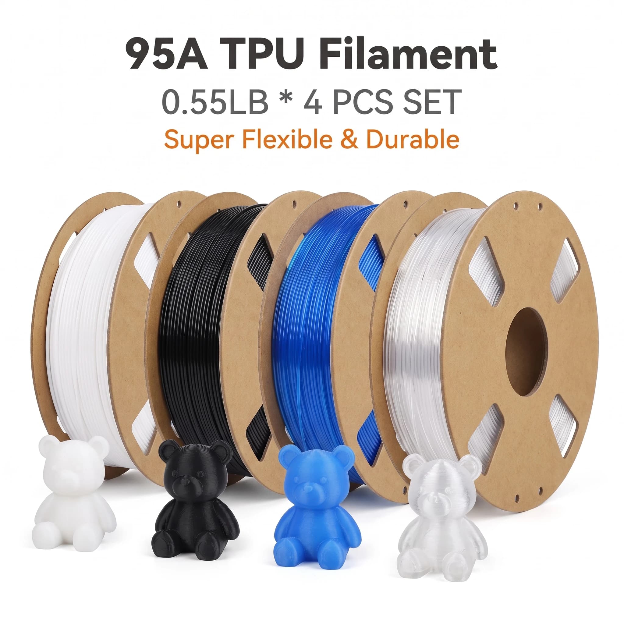 1.75mm TPU Filament, 95A Flexible High Elasticity 3D Printing Filament, 200/250/500/1000g, Black/White/Blue/Clear