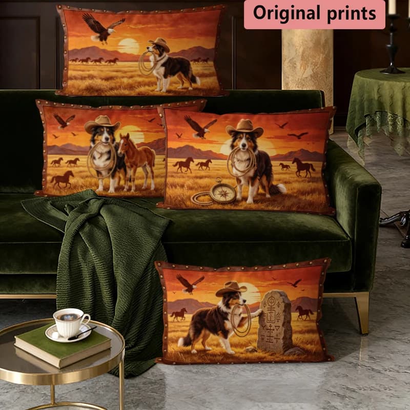 Western Cowboy Dog Sunset Pillow Covers Suitable For Sofa Bedroom Car Cushion Rectangular Back Cushion