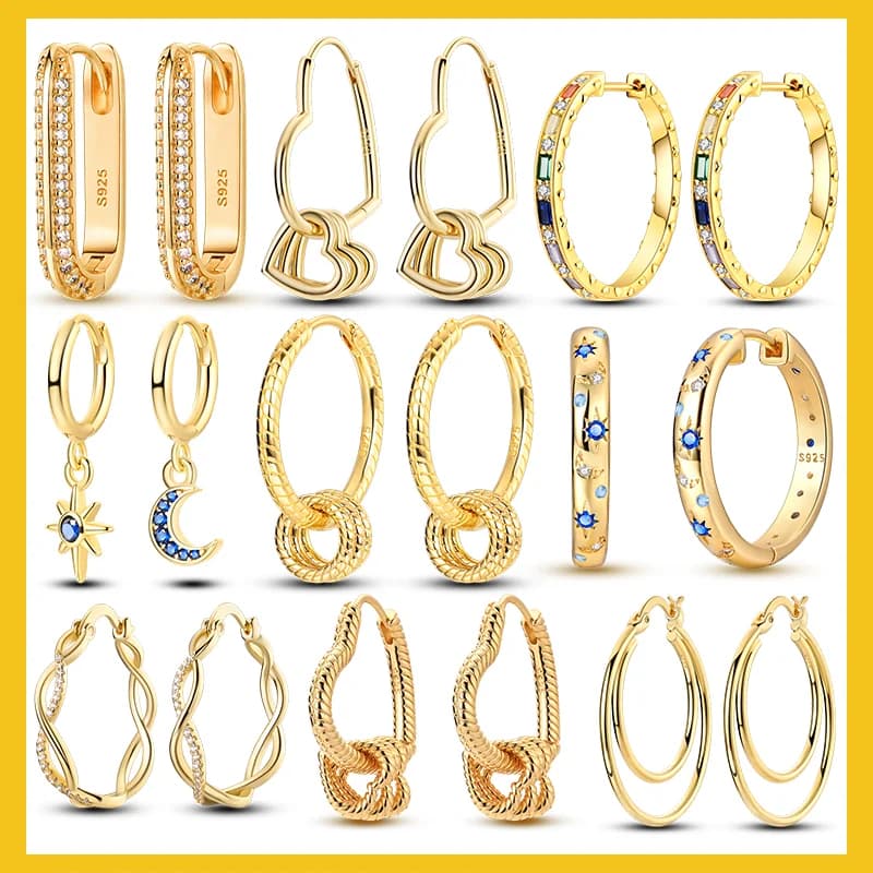 Yellow Gold Starlight Hoop Earrings For Girl Sparkling Classic Snakebone Multi-loop Earrings Star Moon 925 Silver Women Earring