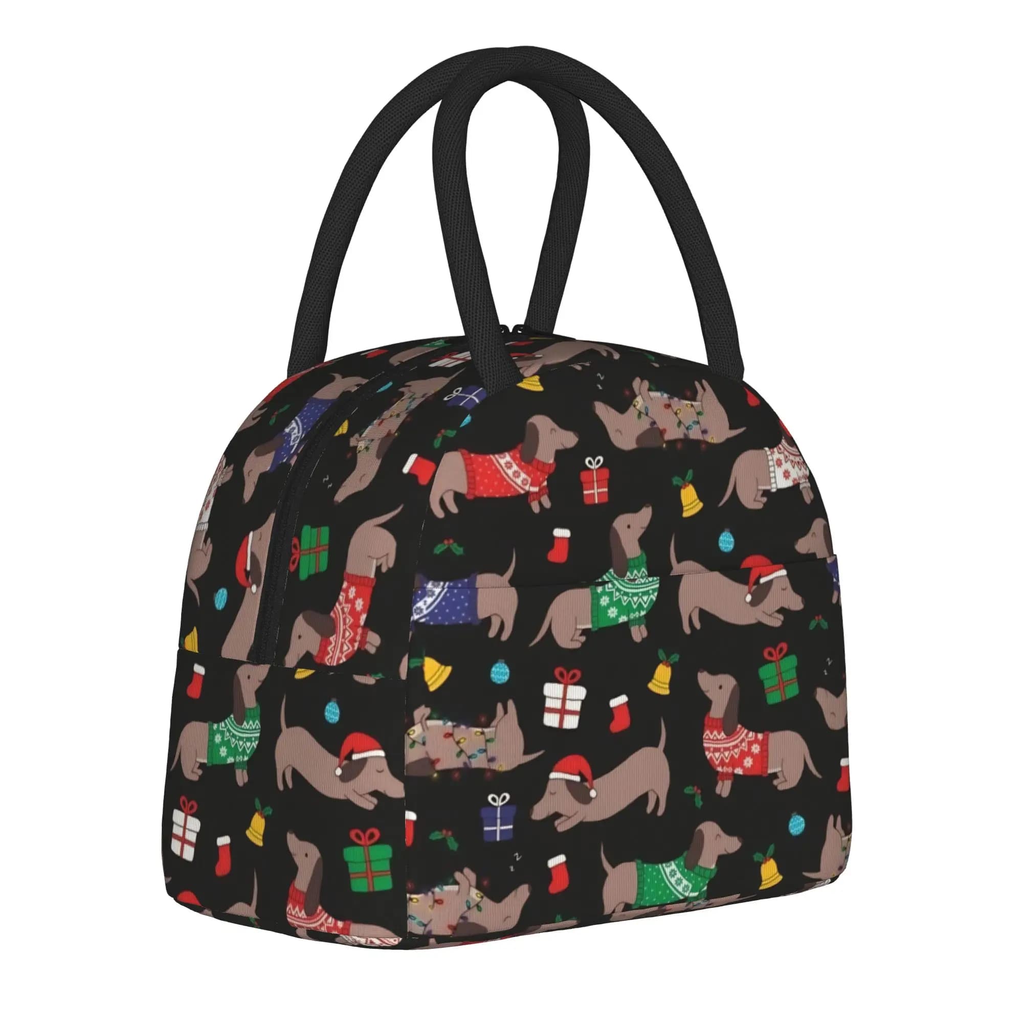 Borsa termica per il pranzo a forma di Bassotto natalizio, portatile, riutilizzabile, con design di animali, per uomo e donna, ideale per l'ufficio e l'uso all'aperto