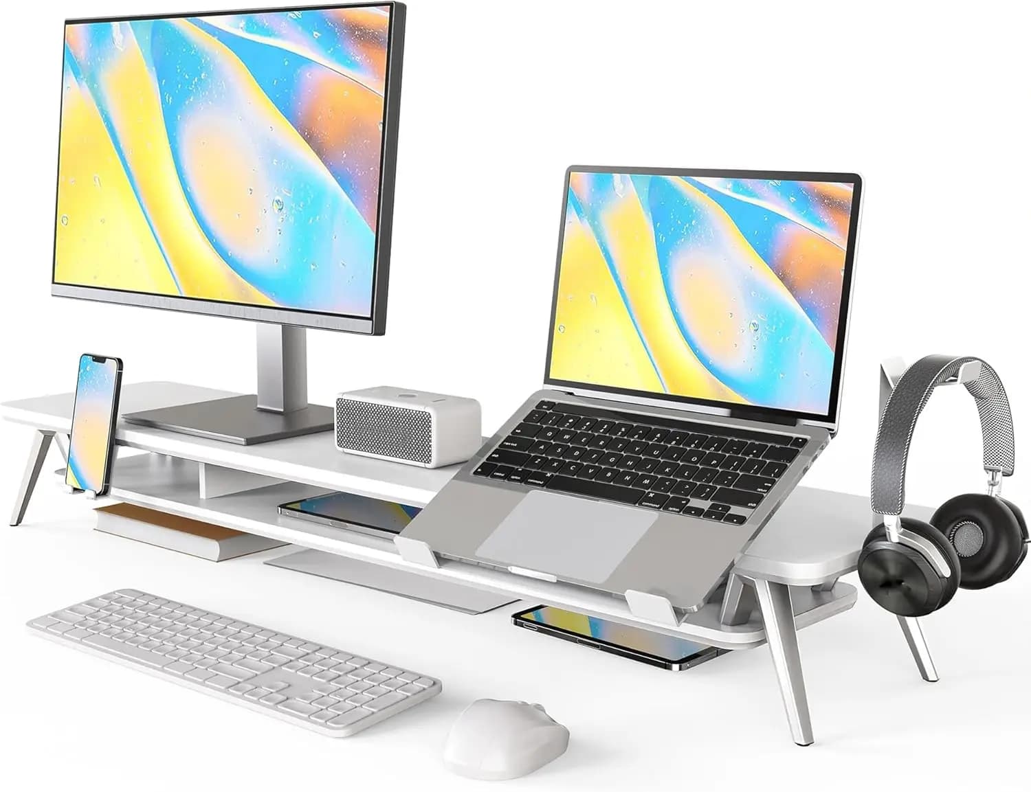 Supporto per doppio monitor da 42,5 pollici con supporto regolabile per laptop, supporto per telefono e supporto per cuffie da scrivania