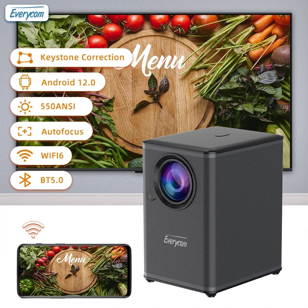Proiettore Smart WiFi Mini Everycom H6 Max 1080p Portatile per Esterni LED Android 12 con Autofocus e Batteria Opzionale, Massima Risoluzione 720p