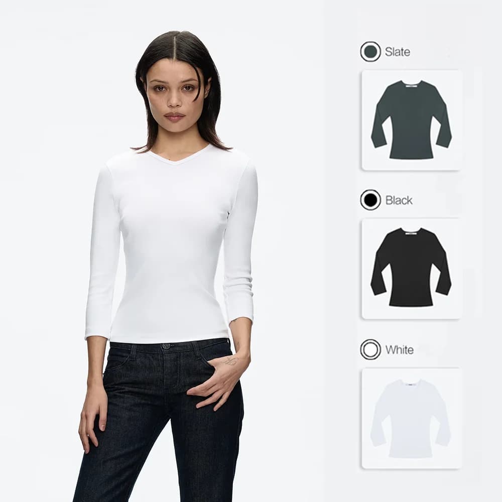 T-shirt slim fit da donna con scollo a V e maniche a tre quarti, maglietta base semplice e versatile, aderente e snellente, top tinta unita per primavera e autunno, maglietta base basic multicolore.