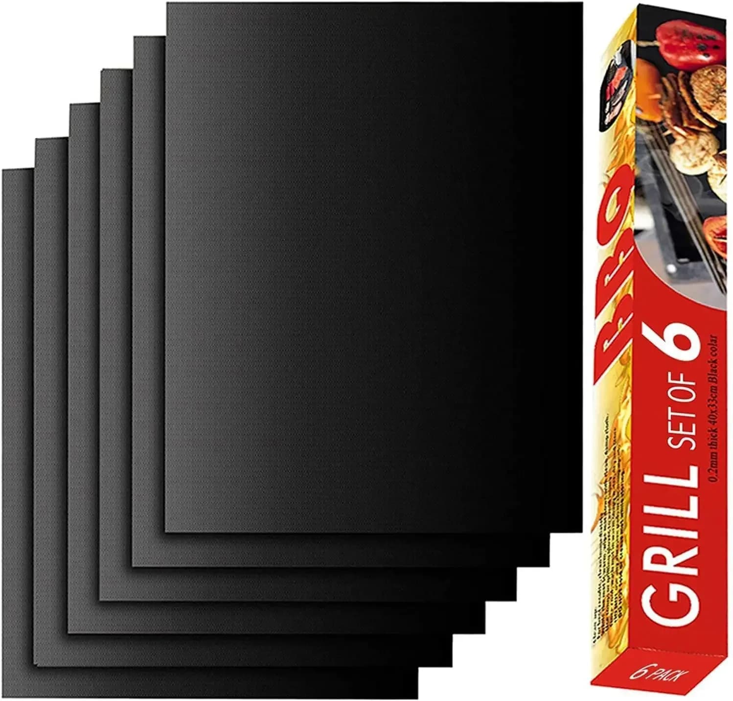 6-Pack Non-Stick Grill Mats, 15.75x13 Inch, Reusable for Gas Charcoal Electric Grills, Easy Clean, Black