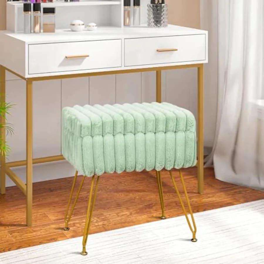 Sgabello da toeletta in pelliccia sintetica con poggiapiedi contenitore, sedia da trucco per camera da letto con gambe in metallo