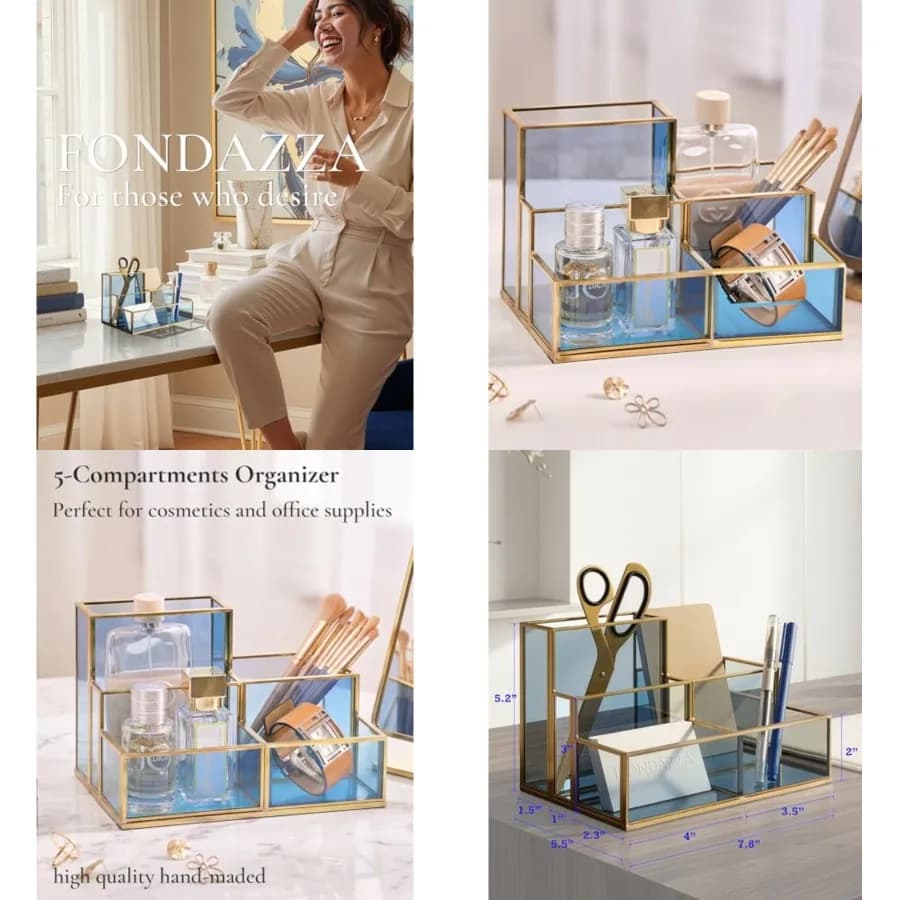 Organizer da scrivania per forniture da ufficio, in ottone dorato con vetro blu, contenitore per cancelleria, cosmetici e strumenti per il trucco.
