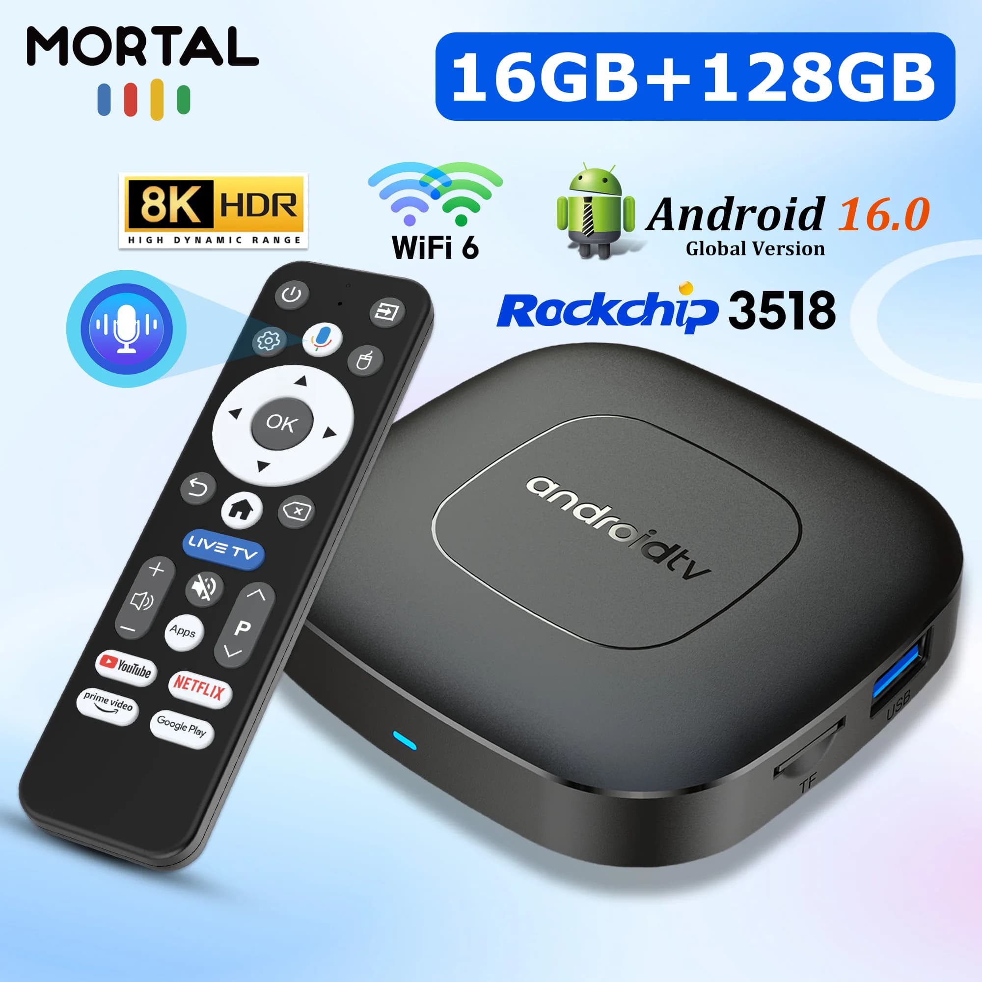 Android 16 TV BOX T1 HD con supporto per Google Voice Assistant, decoder video 4K, WIFI 6, 8GB 128GB 256GB, RK3518, BT 5.0, Set Top Box veloce.