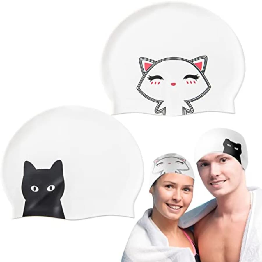 2 Pcs Silicone Swim Caps for Women Swimming Caps with Cartoon Pattern for Long Short Hair Men Adults Teens Youths, Waterproof N