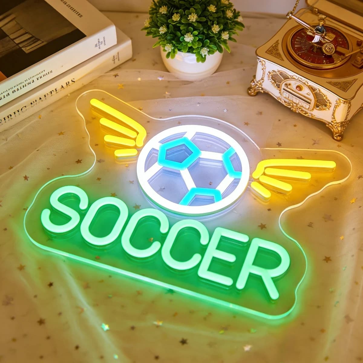 Pallone da Calcio con Ali, Luce al Neon LED USB Dimmerabile, Insegna al Neon per Camera da Letto, Man Cave, Bar Sportivo, Sala Giochi, Decorazione Murale, Regalo per Tifosi