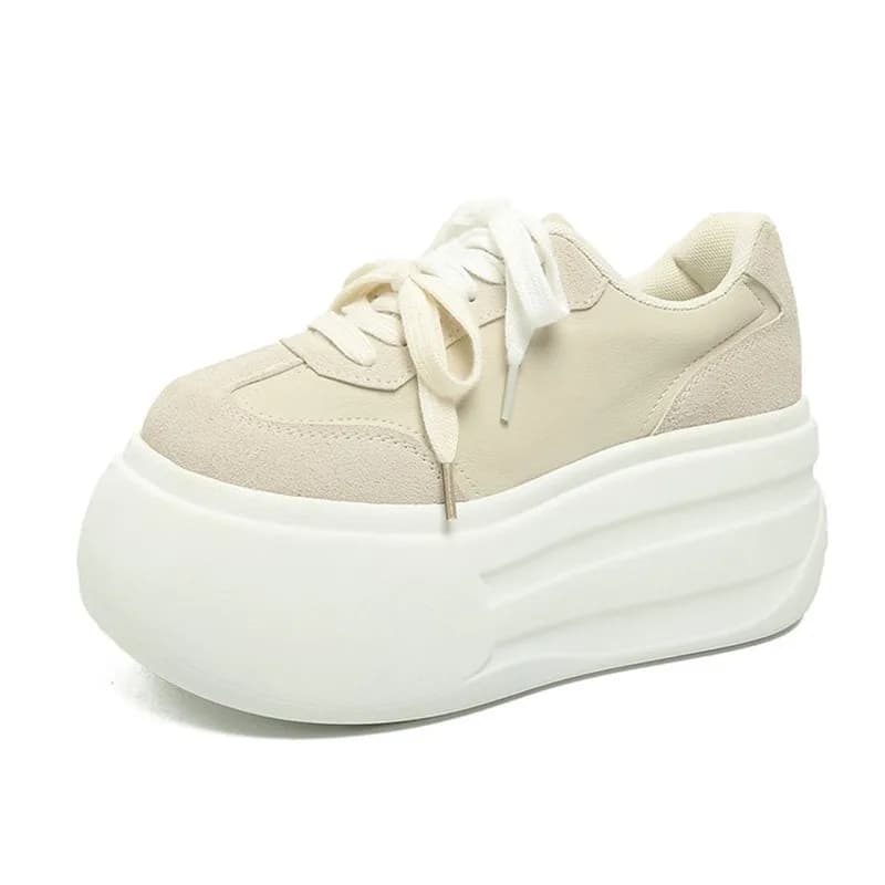 Women's shoes with thick bottom 8CM Luxury Sneakers with flat plateau vulcanized in breathable microfiber leather White walking shoes
