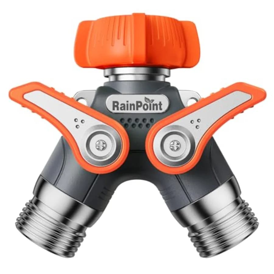 Divisore per Tubo da Giardino a 2 Vie per Impieghi Gravosi con Valvole di Chiusura per Rubinetto Esterno, Design in Metallo 100%, Maniglia in Metallo Extra Lunga 1.9