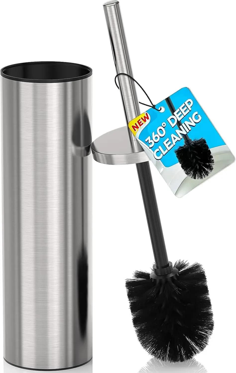 Set di spazzole e supporti per WC in acciaio inossidabile, pulizia profonda con 2 testine, manico lungo, design moderno, nichel spazzolato rotondo