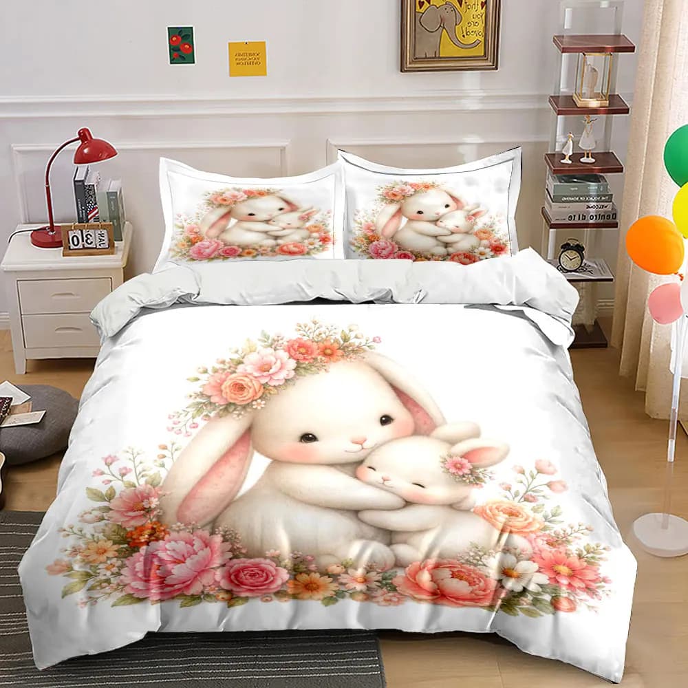 Adorable bunnies cuddling with floral wreath Print Bedding Set 1 Duvet Cover 2 Pillowcases for Adult and Children Luxury Gift