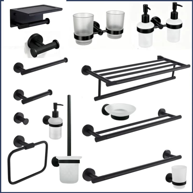 Matt Black Wall-mounted Elegant Bathroom Set Paper Towel Stick Toilet Bathrobe Hook Double Cup Holder Double Soap Dispenser