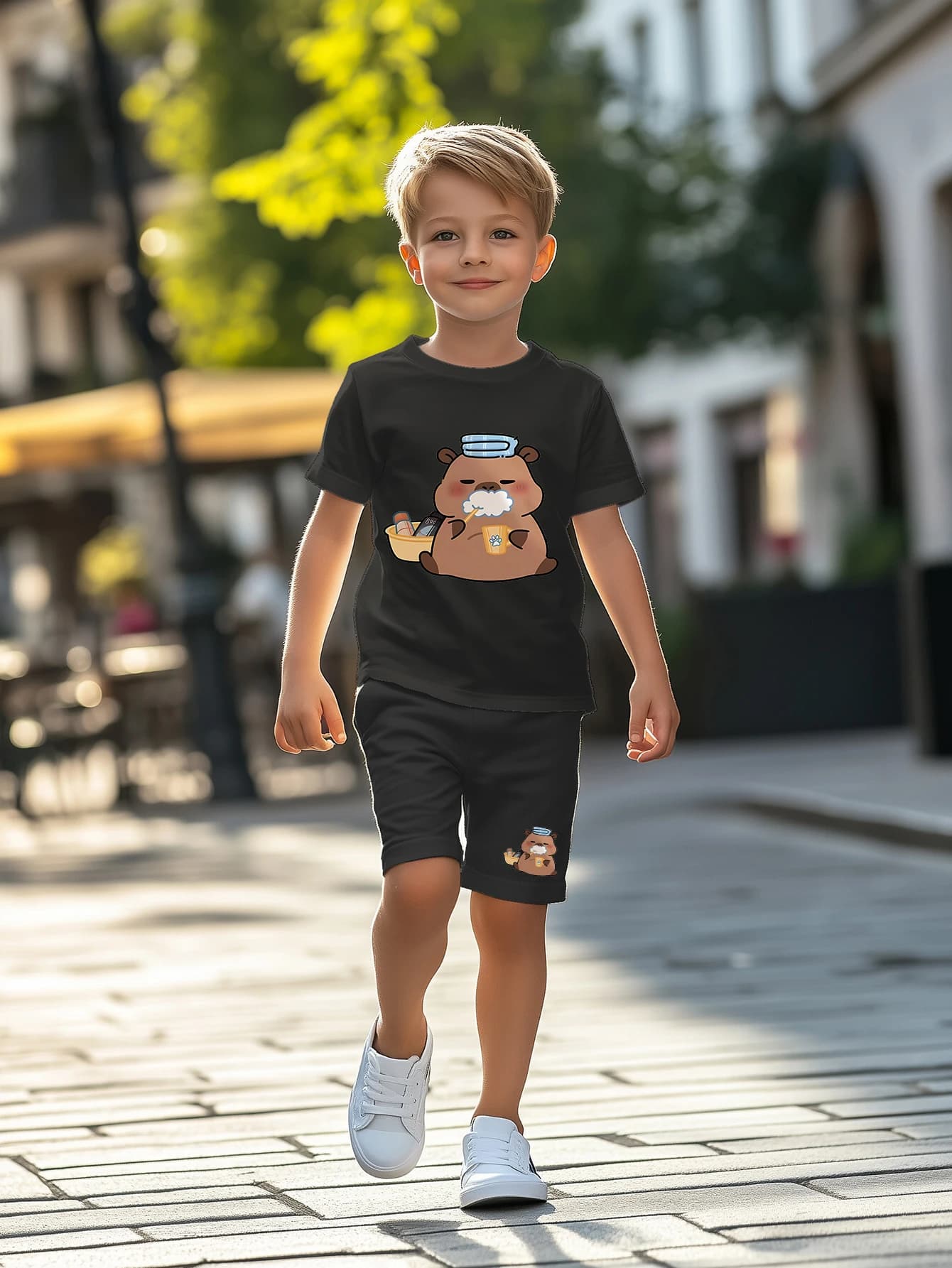 Two piece short sleeved boys' shorts set - printed pattern, suitable for boys aged 3-7- perfect choice for casual wear