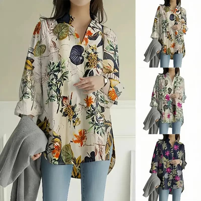 Women's 2025 Spring/Summer Loose Long Sleeve Cotton Linen Printed Shirt Jacket – Stylish Large Size Blouse, Trendy Top G197