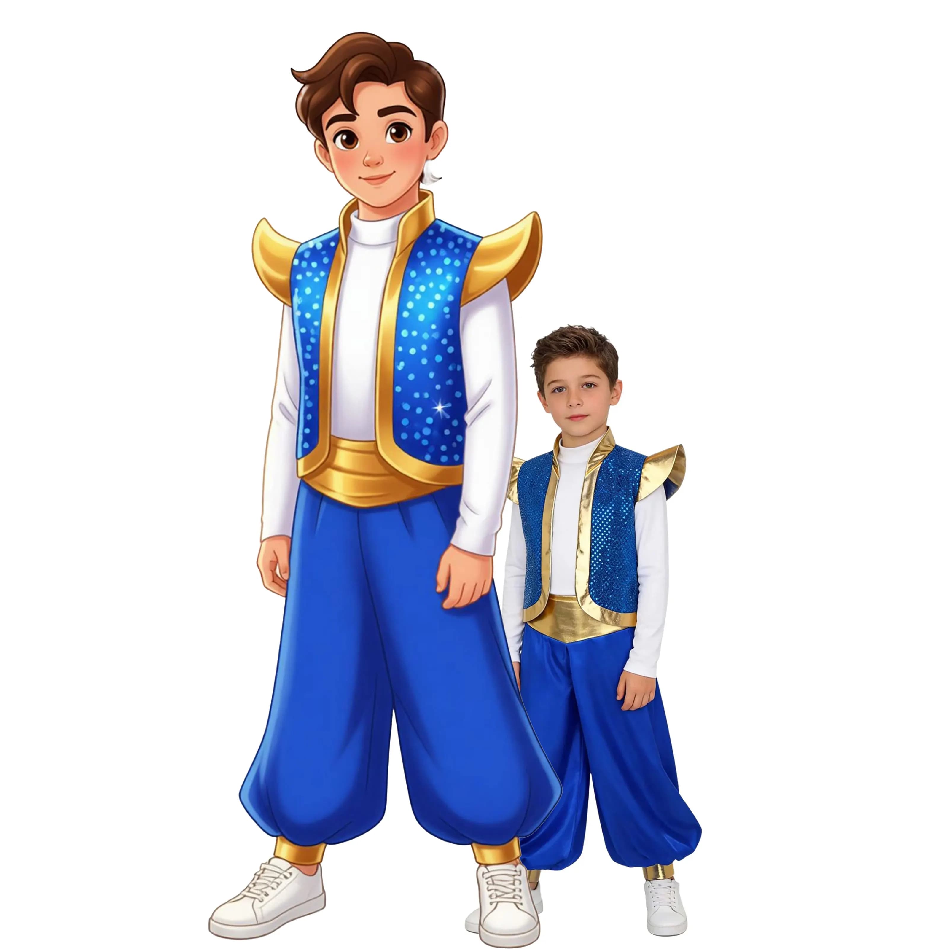 Boys Arabian Cosplay Costumes Sequins Metallic Arabian Vest Stand Collar Shoulder Pad Fairy Tale Vest with Loose Pant Outfit Set