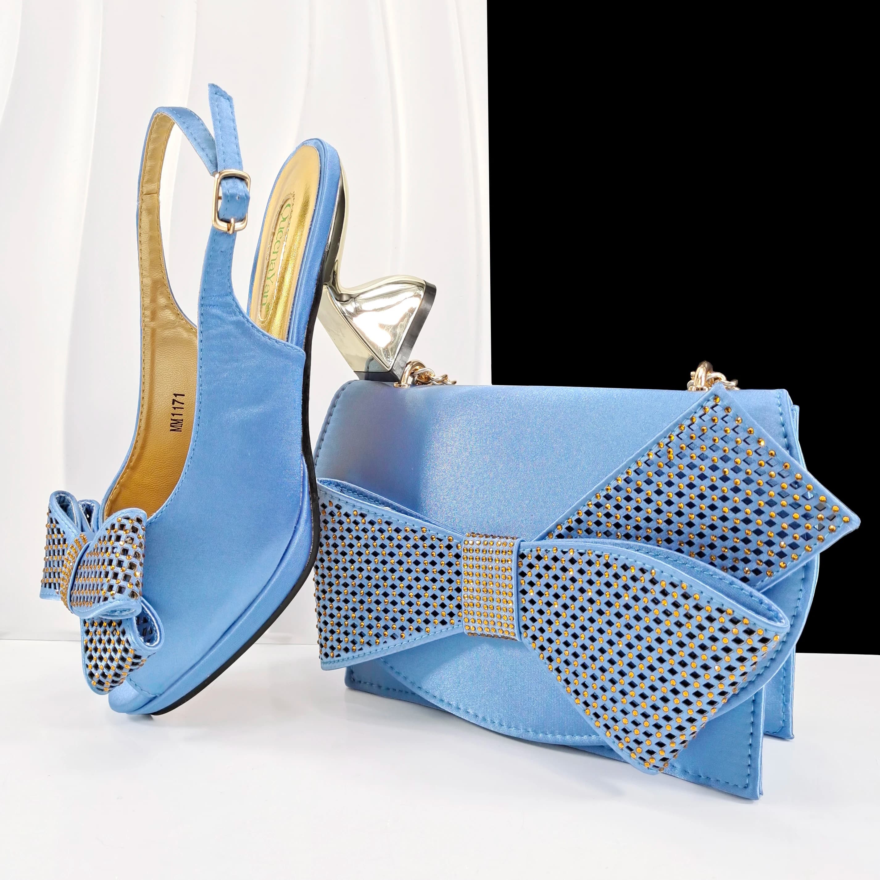 Queena Yan Scarpe con Tacco Alto e Borse da Donna Blu Cielo con Strass, Eleganti per Feste Serali, Borsa di Lusso