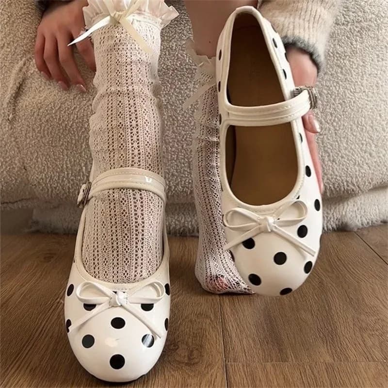 Women Flats Fashion Polka Dot Bow Decor Design Shoes 2026 New Solid Round Toe Soft Soled Loafers Casual Comfort Female Sneakers