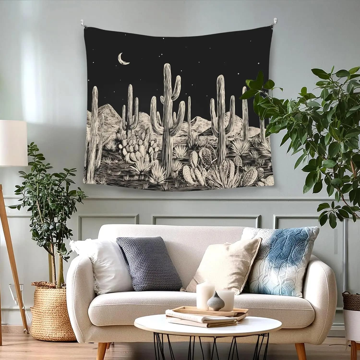 Western Country Black Hanging Wall Tapestry for Bedroom Cowboy Cowgirl, Desert Cactus Moon Midnight Wall Tapestries