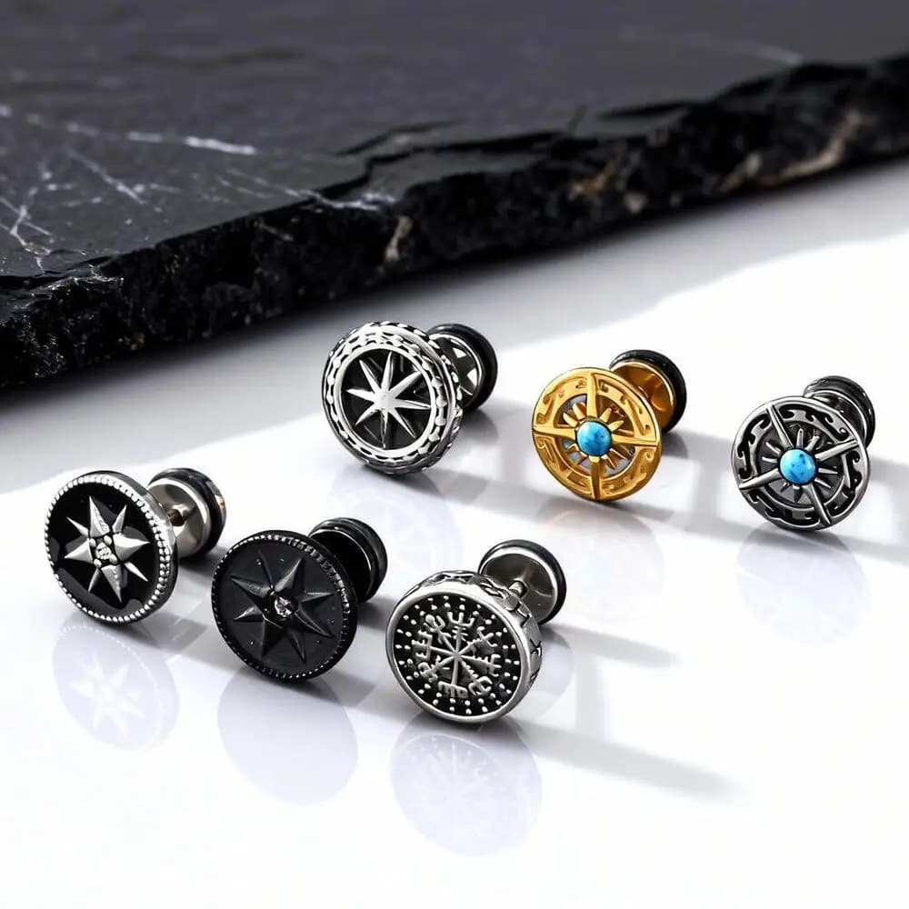 Vintage Men's Compass Stud Earrings,Stainless Steel Eight-pointed Star Round Metal Stud Earrings,Trendy Classic Jewelry Gifts