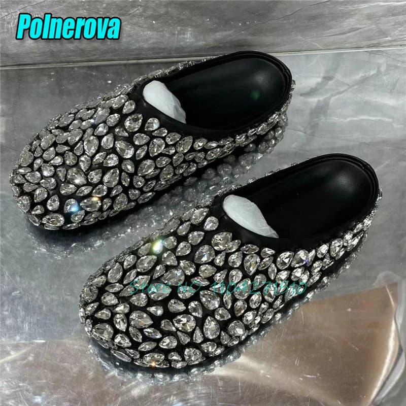 Scarpe basse casual in cristallo di lusso Scarpe basse casual in morbida pelle Punta tonda Mezze pantofole con suola spessa Estate Nuova moda Muli comodi e versatili