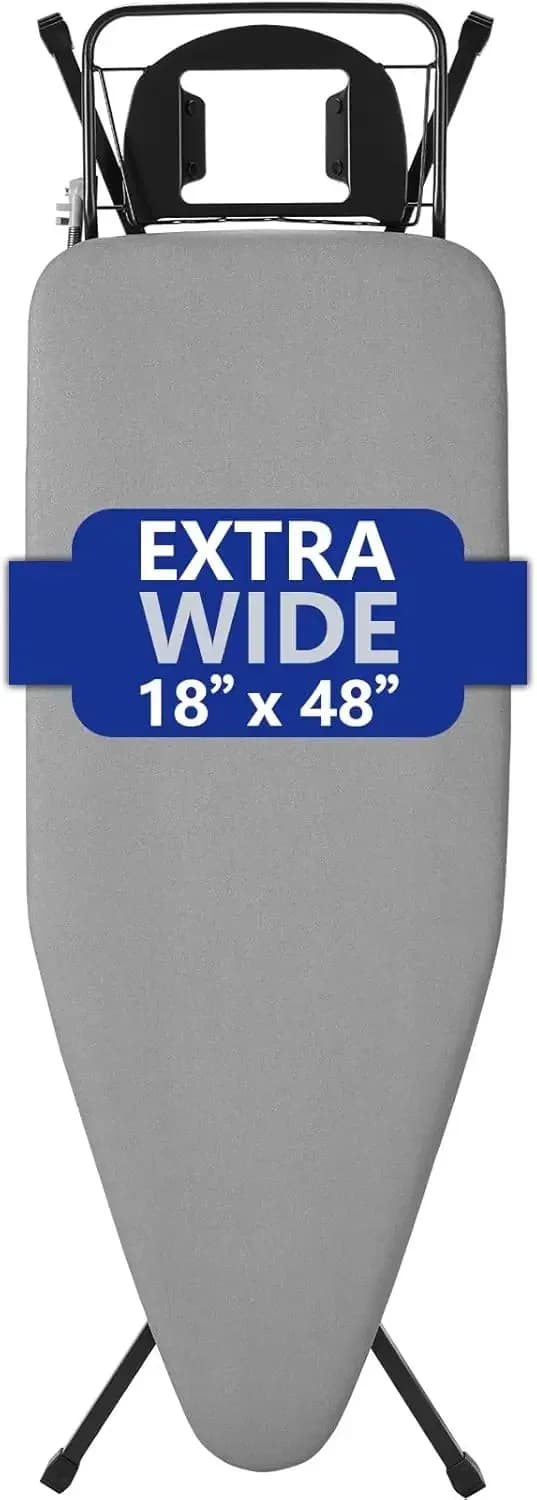 Asse da Stiro Extra Larga – Superficie Ampia 48"×18" (57" con Supporto per Ferro da Stiro) • Appendiabiti Integrato, Portaoggetti e Portacavi • Resistente al Calore
