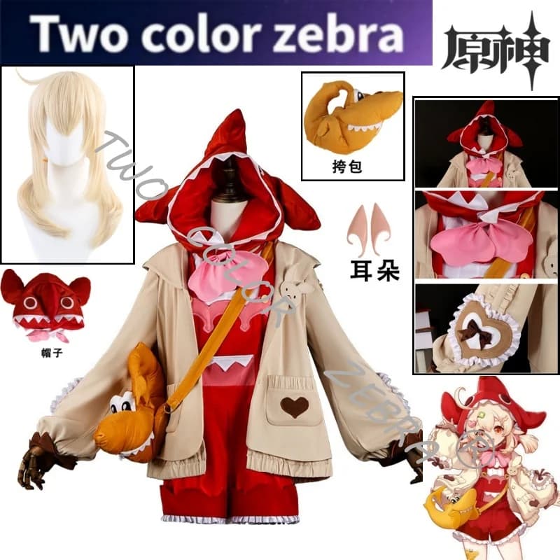 Costume Cosplay del Personaggio Anime Klee, Gioco Genshin Impact, Completo Rosso con Cappotto, Borsa, Cappello a Forma di Squalo, Set Parrucca per Convention e Giochi di Ruolo