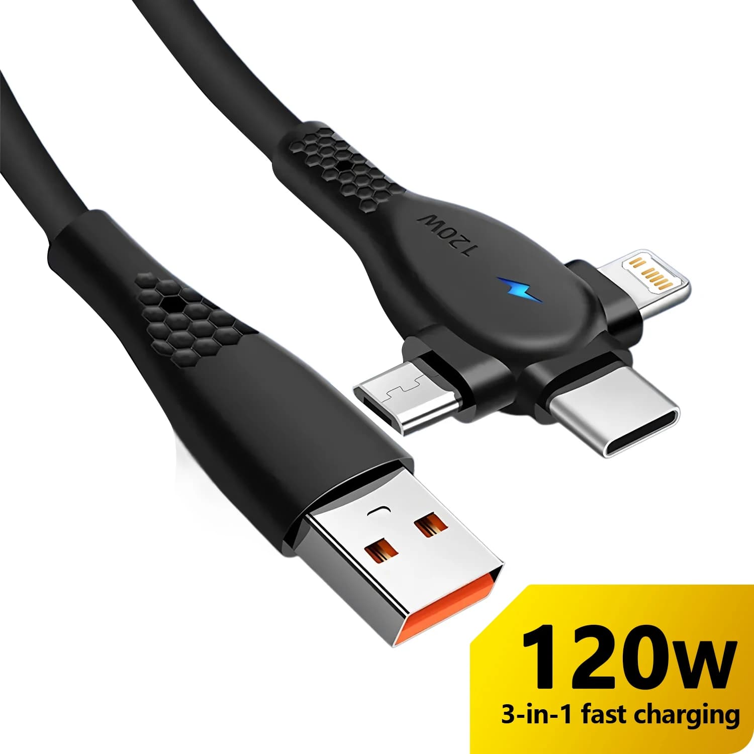 Cavo USB 3 IN 1 da 120 W con porta di ricarica USB per IOS/Micro/Type-C, cavo di ricarica per telefono cellulare, luce LED, universale multifunzione