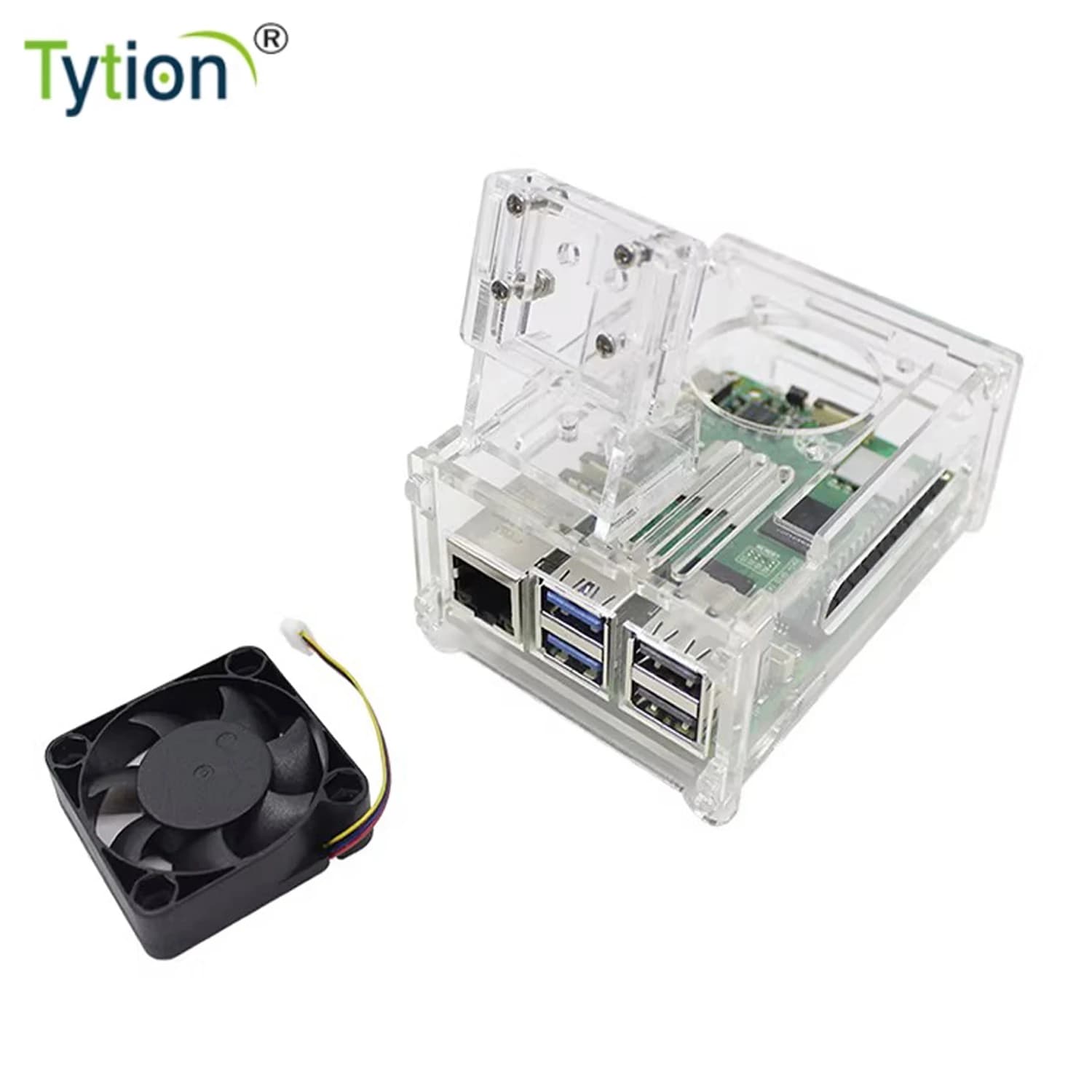 Acrylic Case for Raspberry Pi 5 with 4010 large cooling fan, transparent, supports installation of brackets for camera