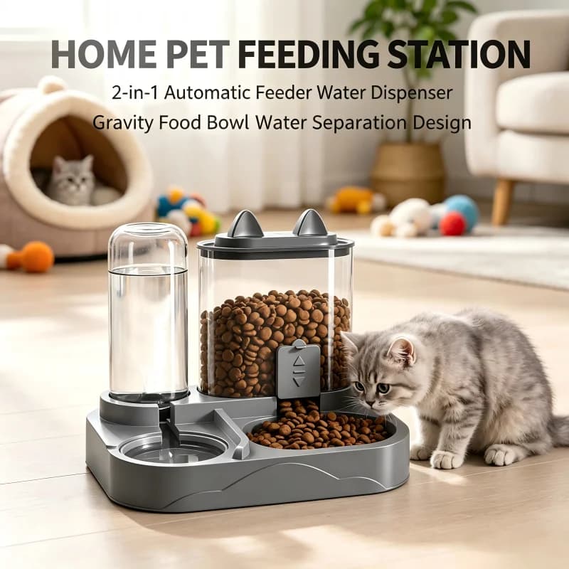 2-in-1 Cat Automatic Feeder Water Dispenser Gravity Pet Food Bowl Wet Dry Separation Storage for Cats Small Dogs Home&Travel