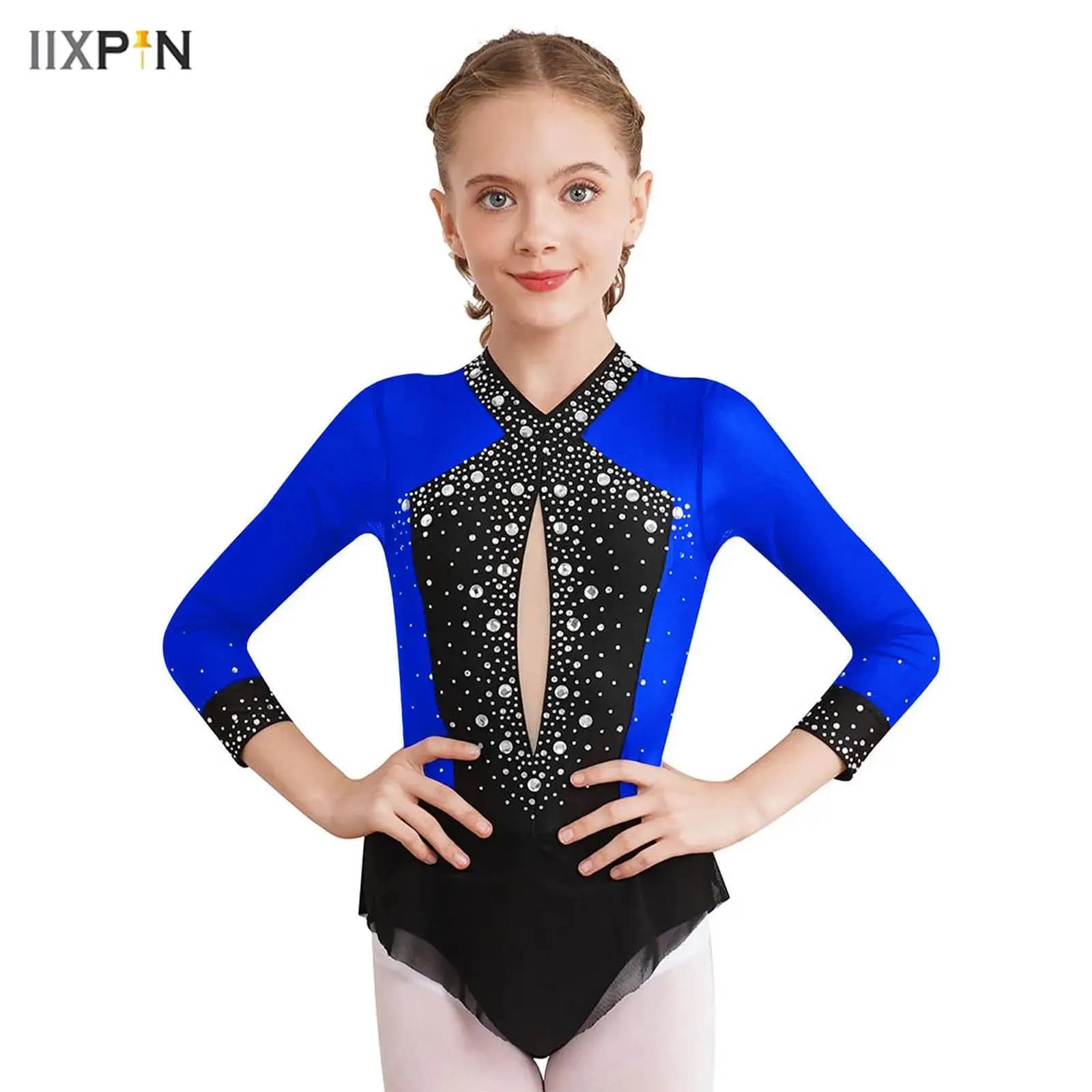 Body per bambina con strass scintillanti Figura Pattinaggio su ghiaccio Body da ballo Color Block Body con gonna in rete trasparente per ginnastica ritmica