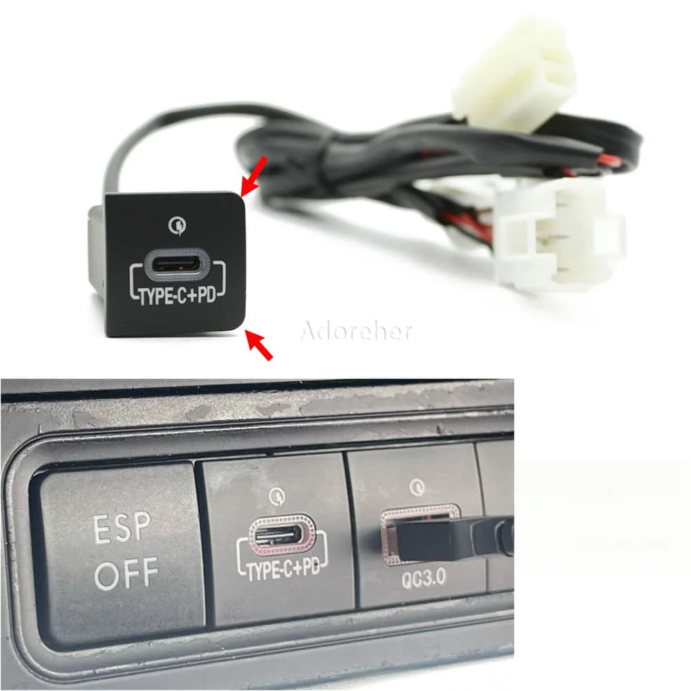 Red LED Car Charger Type C PD Quick Charge Auto Phone Charging Adapter Button Fit For VW Golf 6 Jetta 5 MK5