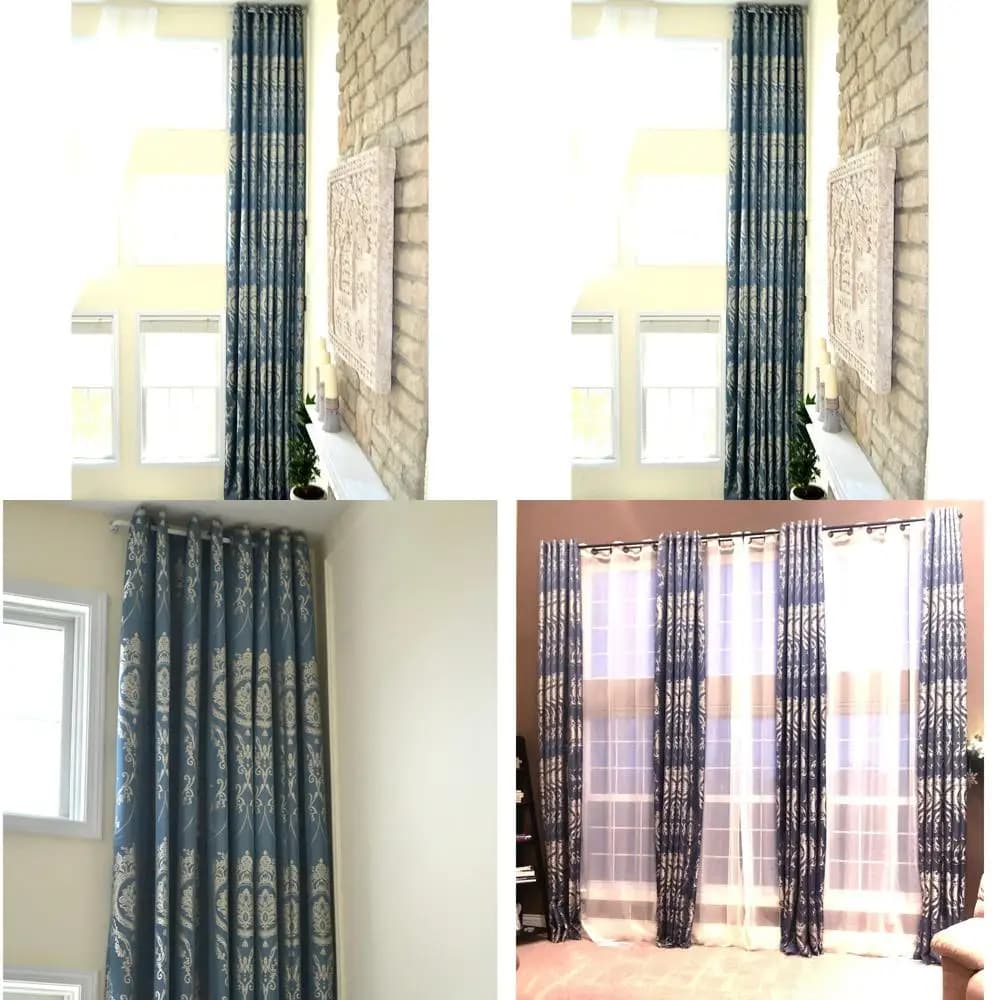 Extra long grey blue jacquard curtains with real silver/gold pattern, width 100, length 16-18 feet for upper installation with cable gland