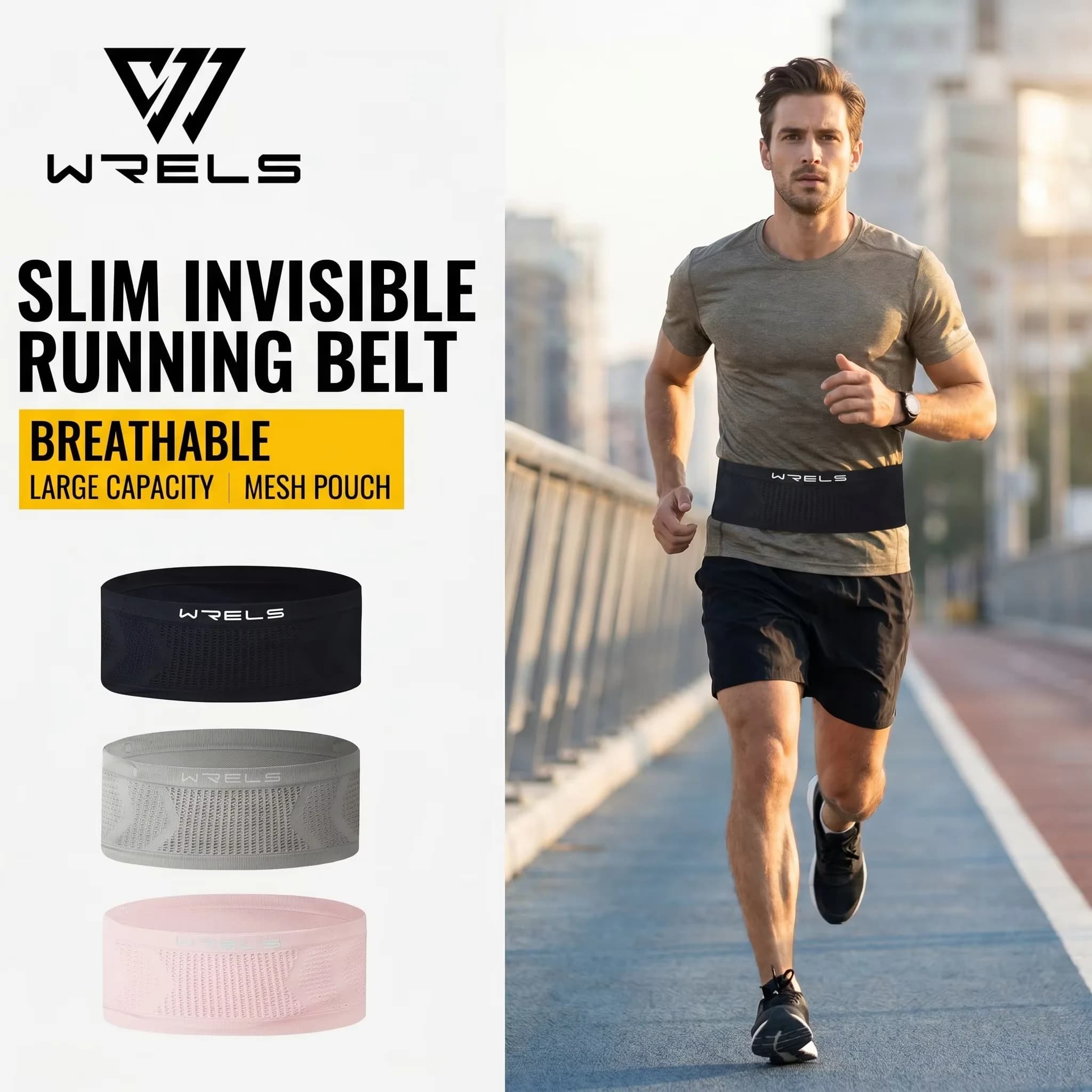 WRELS Slim Running Belt Breathable Waist Pack Adjustable Fanny Pack Invisible Soft Elastic Ultralight Foldable Running Pack
